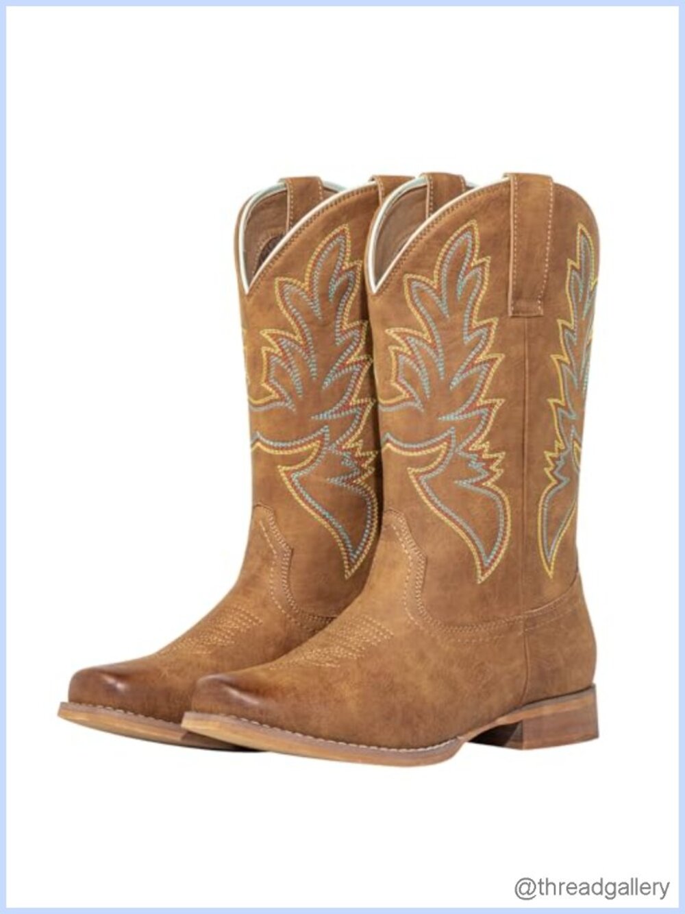 Square Toe Cowboy Boots Wide Calf Pull On Embroidered Western Mid-Calf